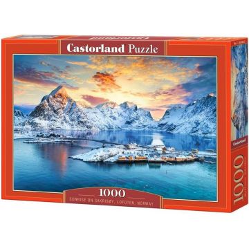 Puzzle Castorland din 1000 piese - Răsărit pe Sakrisøy, Lofoten, Norvegia