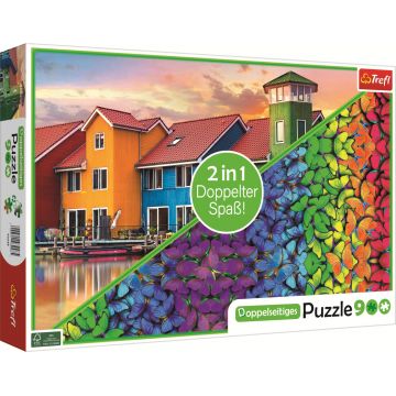 Puzzle cu două fețe Trefl din 900 piese - Port și fluturi