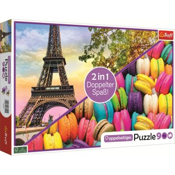 Puzzle cu două fețe Trefl din 900 piese - Turnul Eiffel și macaroane