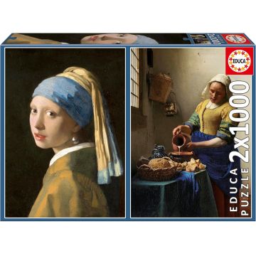 Puzzle Educa din 2 x 1000 piese - Fata cu cercel de perlă și lăptăreasa, Vermeer