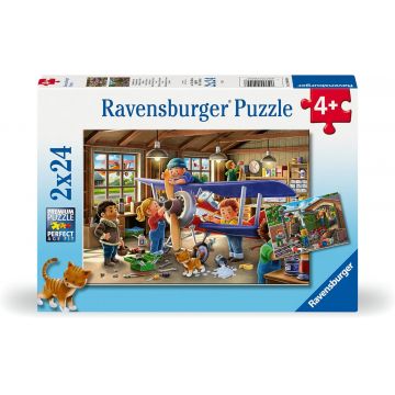 Puzzle Ravensburger din 2 x 24 piese - Reparații de aeronave și trenuri