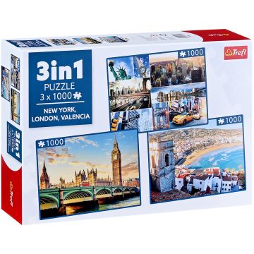 Puzzle Trefl din 3 х 1000 piese - New York, Londra, Valencia