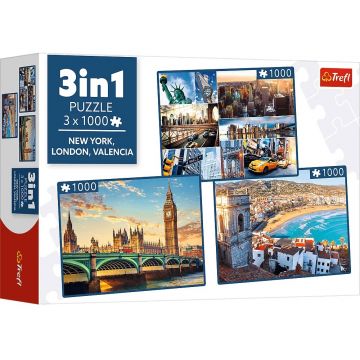 Puzzle Trefl din 3 х 1000 piese - New York, Londra, Valencia