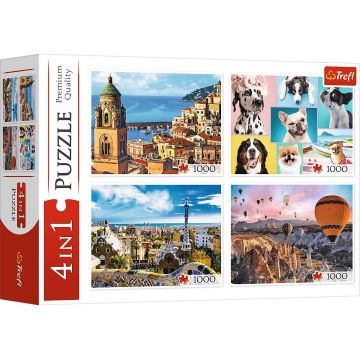 Puzzle Trefl din  4 х 1000 piese -Amalfi, Barcelona, baloane și câini