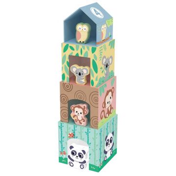 Set de joacă  Hi Pando -Cuburi de carton cu animale din lemn