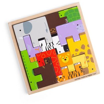 Puzzle din lemn Bigjigs – Tangram cu animale, 12 piese