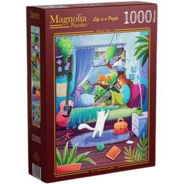 Puzzle Magnolia din 1000 piese - Fată și pisici