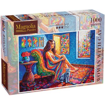 Puzzle Magnolia din 1000 piese - Femeie cu pisică