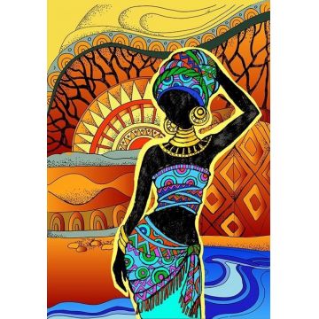 Pictură mozaic cu diamante  MagicArt - Femeie africană, 30 x 40 cm, cu mărgele rotunde