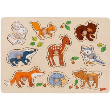 Puzzle din lemn cu manere Goki - Animale de padure