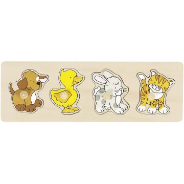 Puzzle din lemn cu manere Goki - Caine, rata, iepure si pisica