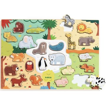 Puzzle din lemn Djeco - Animale din întreaga lume, 22 piese