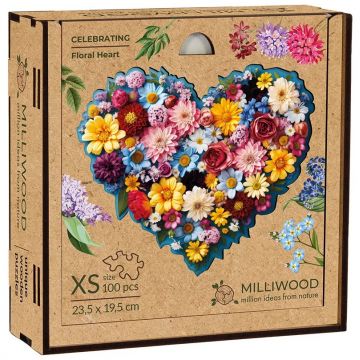 Puzzle din lemn Milliwood din 100 piese - Inimă de flori (Mărimea XS)