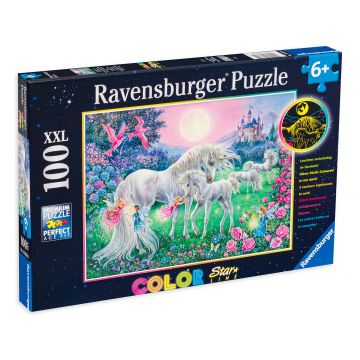 Puzzle luminos Ravensburger din 100 XXL de piese - Unicorni la lumina lunii