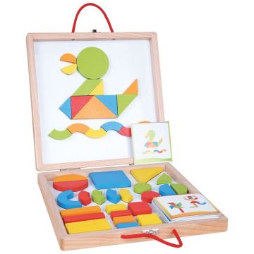 Set educativ Lelin - Forme si culori magnetice din lemn, in cufar
