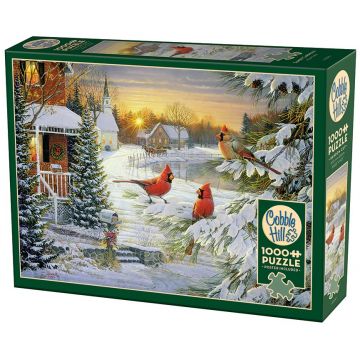 Puzzle Cobble Hill din 1000 piese - Apus de soare cu cardinalii