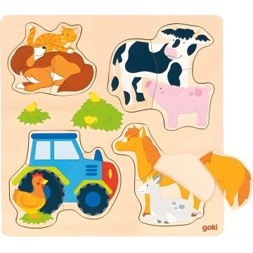 Puzzle din lemn Goki - Animale de fermă, 12 piese