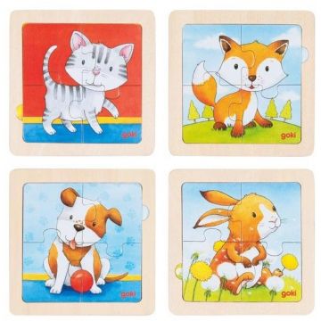 Puzzle din lemn Goki - Animăluțe bebeluși, 4 piese, sortiment