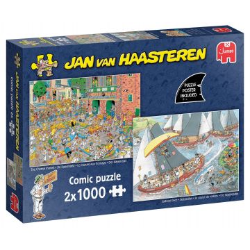 Puzzle Jumbo de 2 x 1000 piese - Traditii olandeze: Piata de branzeturi si Regata cu vele
