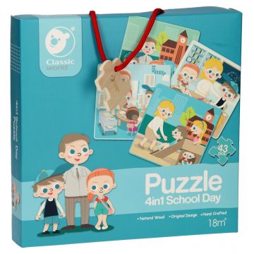 Puzzle pentru copii din lemn Classic World 4 în 1 - O zi la școală