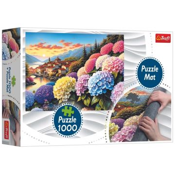 Set covoraș și puzzle Trefl de 1000 piese - Lumea fermecată a hortensiilor