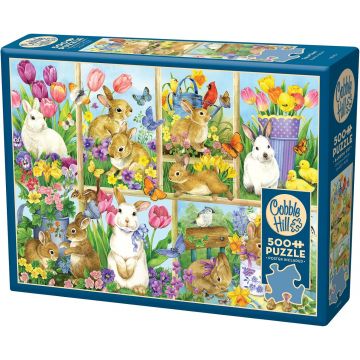 Puzzle Cobble Hill din 500 de piese - Iepurași printre lalele