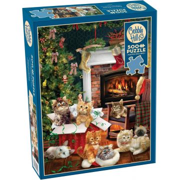 Puzzle Cobble Hill din 500 de piese - Pisicuțe de Crăciun