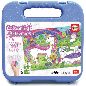 Puzzle de colorat Educa din 100 de piese - Unicorns Glitter, cu 8 carioci