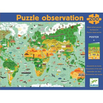 Puzzle de observare Djeco de 200 piese - In jurul lumii, cu carte