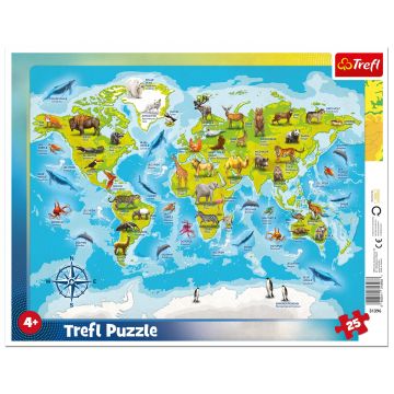 Puzzle în ramă Trefl de 25 piese - Harta lumii cu animale