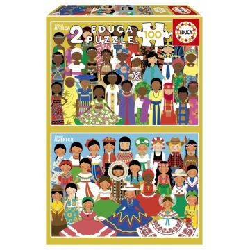 Puzzle pentru copii Educa de 2 x 100 piese - Fete din America și Africa