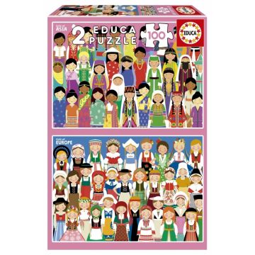 Puzzle pentru copii Educa de 2 x 100 piese - Fete din Europa și Asia