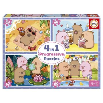 Puzzle progresiv Educa 4 în 1 - Capibari veseli