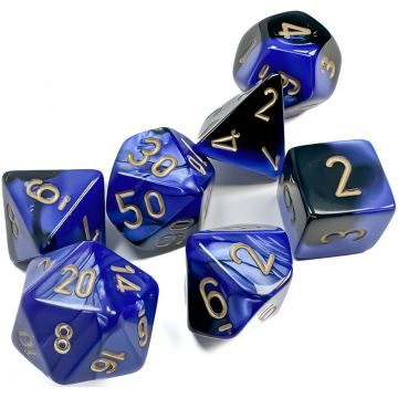 Set de zaruri  Chessex Gemini Black-Blue/Gold Polyhedral (7 buc.)