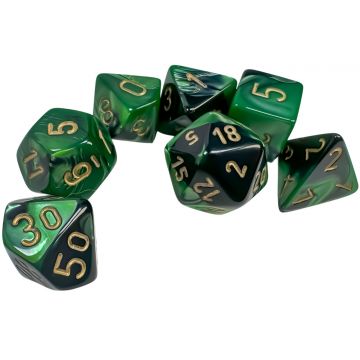 Set de zaruri  Chessex Gemini Black-Green/Gold Polyhedral (7 buc.)