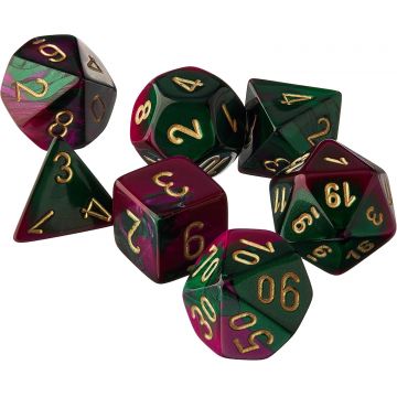 Set de zaruri  Chessex Gemini Green-Purple/Gold Polyhedral (7 buc.)