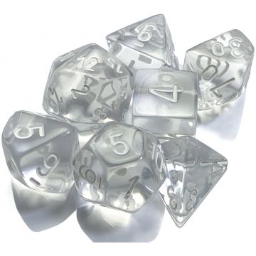 Set de zaruri  Chessex Translucent Clear/White Polyhedral (7 buc.)