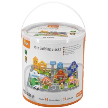 Constructor de lemn Viga Toys PolarB - Oraș, cu figurine și platformă, 100 de bucăți