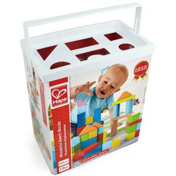 Cuburi de lemn în cutie de sortare Hape - 101 buc
