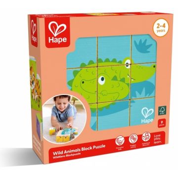 Puzzle educativ din lemn cu cuburi Hape - Animale sălbatice, 9 piese