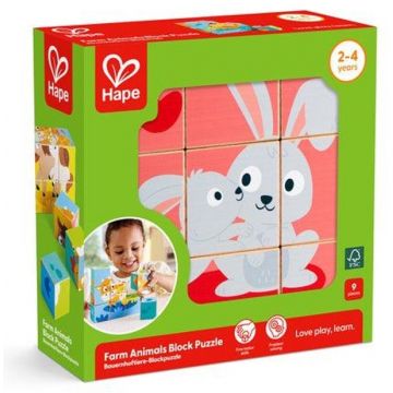 Puzzle educativ din lemn cu cuburi Hape - Fermă, 9 piese