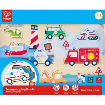 Puzzle educativ din lemn Hape - Emergency Vehicles Peg Puzzle, 9 piese