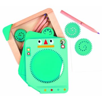 Set de desen din lemn HaPe – „Vârtește și desenează”, 31 piese
