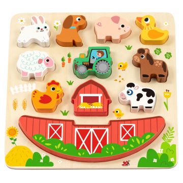 Puzzle educațional din lemn și joc de echilibru Hi Pando - Farm, 12 piese