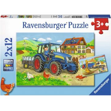Puzzle pentru copii Ravensburger din 2 x 12 piese - Șantier de construcții și fermă
