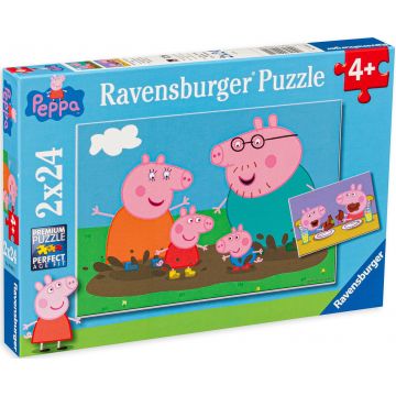 Puzzle Ravensburger din 2 x 24 de piese - Peppa Purcelusul  si familia fericita