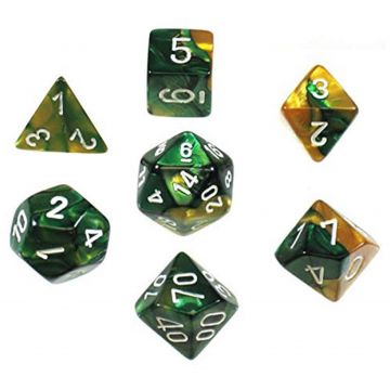 Set de zaruri Chessex - Gemini Polyhedral Dice Set, Aur-Verde/Alb (7 buc.)