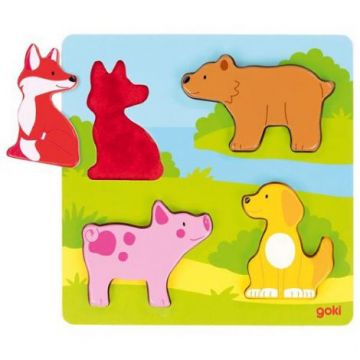 Puzzle tactil din lemn Atinge si descopera Animale